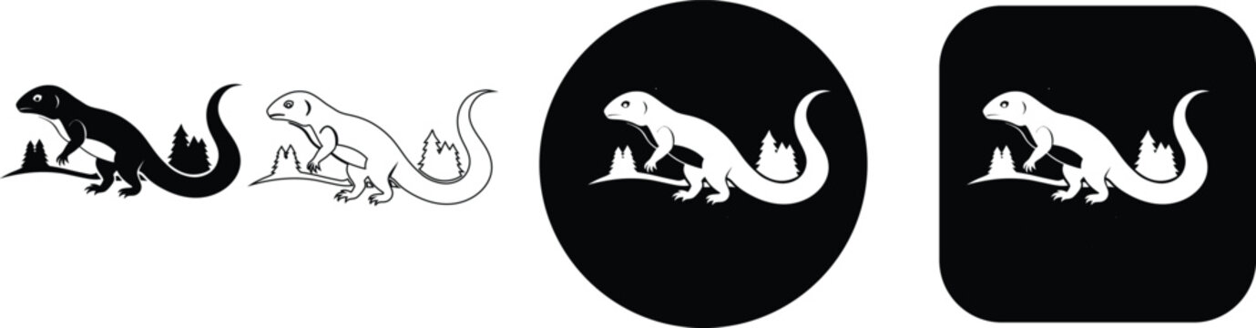Set of Minimalist Lizard and Reptile Desert Nature Vector Icons in Detailed Black and White Silhouette and Outline Styles