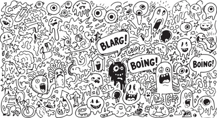 "Playful Monster Doodle Pattern with BLARG and BOING Text - Cute Creatures Seamless Background Vector Illustration" © TREND AND VECTORS