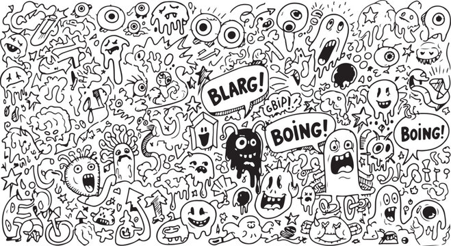 "Playful Monster Doodle Pattern with BLARG and BOING Text - Cute Creatures Seamless Background Vector Illustration"