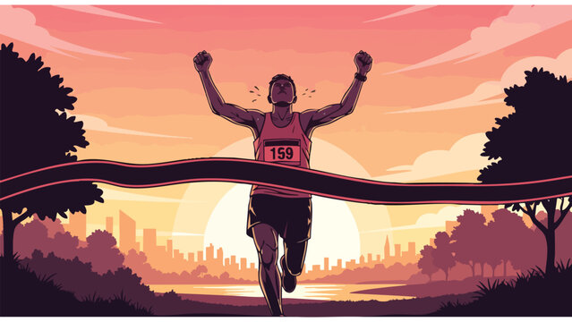 Marathon Runner Crossing Finish Line at Sunrise: Victory and Achievement