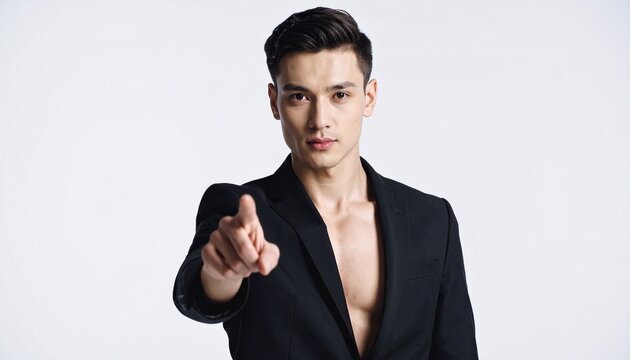 Young man pointing finger forward, confident pose, isolated on pure white background, studio lighting, high detail