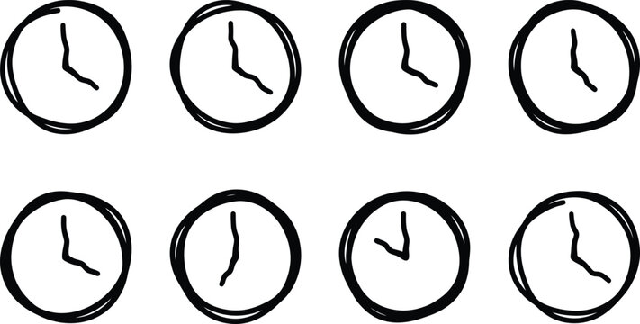 Ocho relojes dibujados a mano que muestran diferentes horas del d&iacute;a.