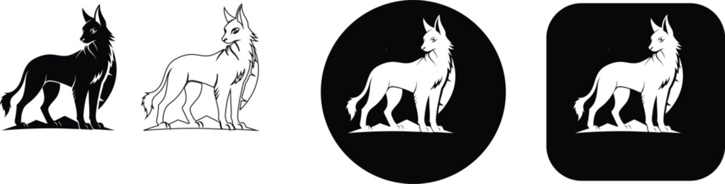 Set of Minimalist Dingo and Wild Dog Australian Animal Vector Icons in Detailed Black and White Silhouette and Outline Styles