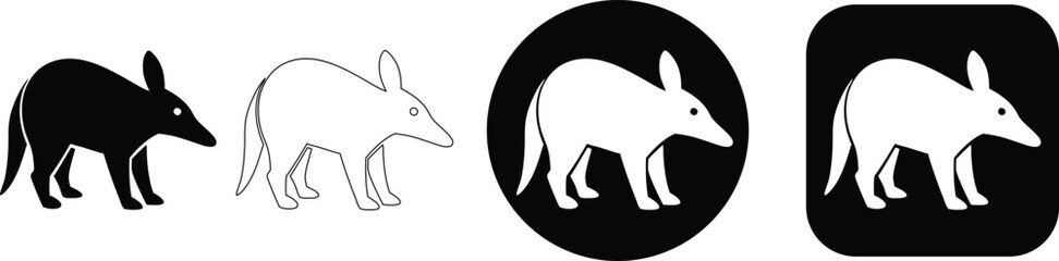 Fototapeta premium Set of Minimalist Armadillo and Pangolin Wild Animal Vector Icons in Detailed Black and White Silhouette and Outline Styles
