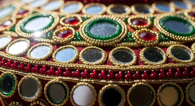 Traditional Indian mirror work embroidery on red fabric for folk festival