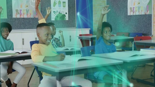 Two boys raising hands on teacher prompt for lesson, green hologram overlay moving, obscuring them
