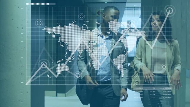 Business pair walking corridor movement initiating world map overlay over them visualizing growth