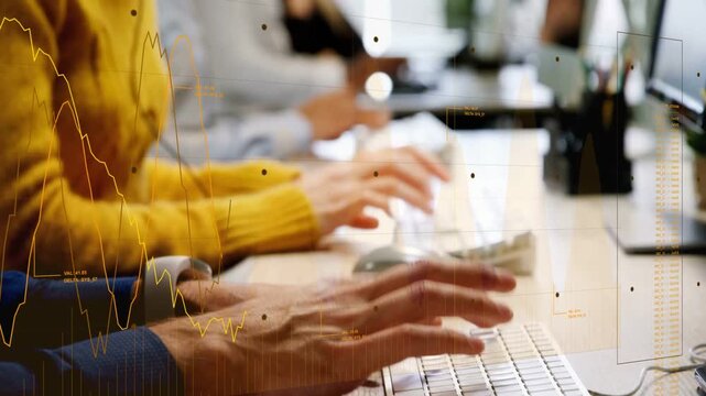 CSR in yellow sweater raising headset, answering support call, showing data overlays on white keys