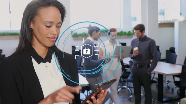 Woman tapping tablet and activating lock overlay on device, camera panning, team reviewing business