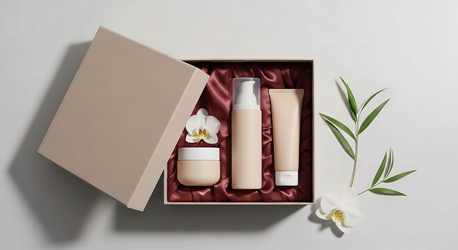 Luxury skincare cosmetic gift set mockup beige packaging with silk elegant branding