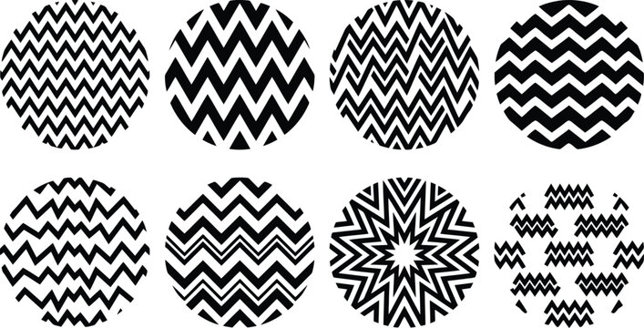Ocho c&iacute;rculos con patrones geom&eacute;tricos en blanco y negro, incluyendo zigzags y estrellas.