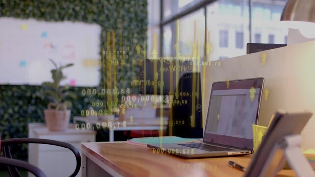 Desk workspace receiving automated finance data feed, animating number bars, arrows showing trends