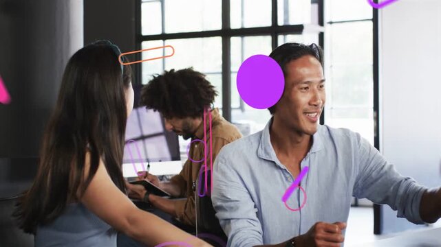 Pair leaning and pointing, third joining, gesture sparking circles and bars showing business ideas