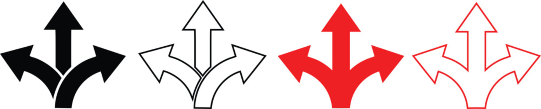 Three Way Directional Arrow Icon Set Vector Illustration. Multiple Choice Path or Road Junction Symbols in Black and Red Silhouettes.