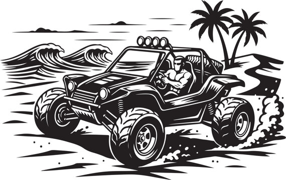 Beach, buggy, vector, illustration, off-road, car, black, white