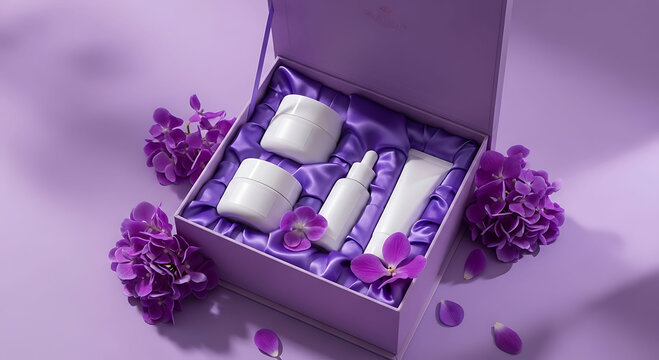 Luxury skincare cosmetic gift set mockup with purple box and floral theme