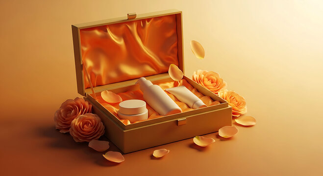 Luxury skincare cosmetic gift set mockup with golden box and floral decor