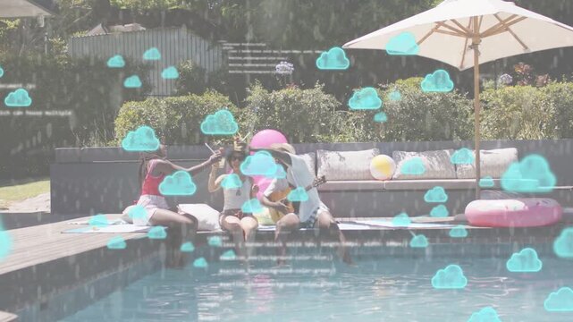 Three friends sitting by pool, snapping, strumming guitar, blue clouds appearing over trio for ads