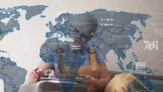 Woman tapping tablet starting faint world map overlay and expanding data nodes for data analysis