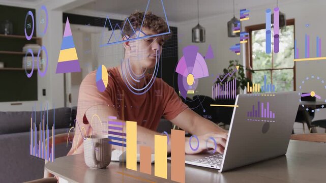 Man finishing notes, moving to laptop and typing while charts overlaying table showing finance data