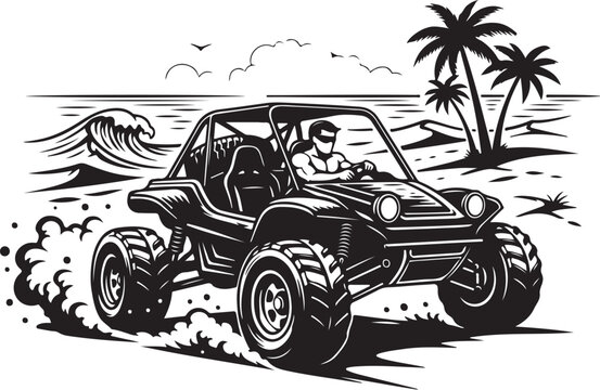 Beach buggy, off-road vehicle, sand dune buggy, black and white vector