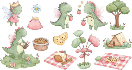 Fototapeta premium Baby Dino Outdoor Lifestyle Illustration with Food and Nature