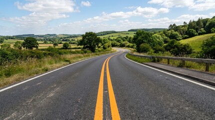 Obraz premium A winding asphalt road stretches into the distance, flanked by bright yellow double lines. The road curves through a rural landscape of rolling hills and lush green trees.