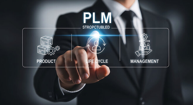 Business Professional Pointing at PLM Product Lifecycle Management Concept Interface