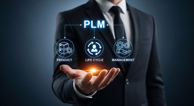 Businessman presenting PLM Product Lifecycle Management concept on virtual screen