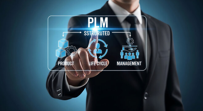 Businessman Touching Virtual PLM Interface for Product Lifecycle Management Success