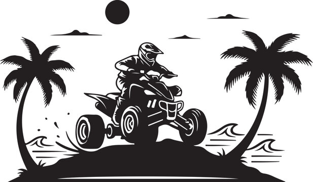 ATV rider, beach scene, palm trees, black and white vector illustration