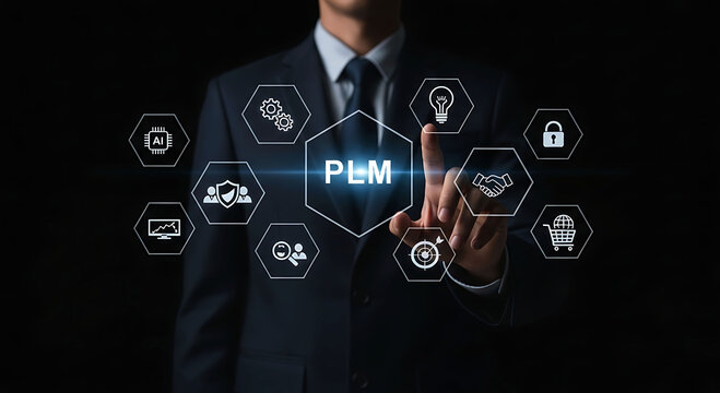 Product Lifecycle Management PLM Concept with Digital Interface and Business Icons