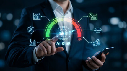 Fototapeta premium Businessman assessing AI risk management and artificial intelligence security levels
