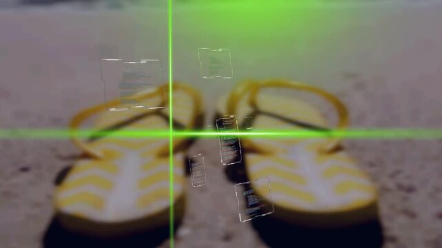 Yellow sandals resting, crosshair appearing and sweeping while UI panels drifting indicating scan