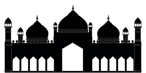 Vector silhouette of mosque with three domes and four minarets, featuring central arched entrance © amjadvector