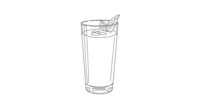 A tall, clear glass filled with water. A single fresh mint leaf floats on the surface of the water.