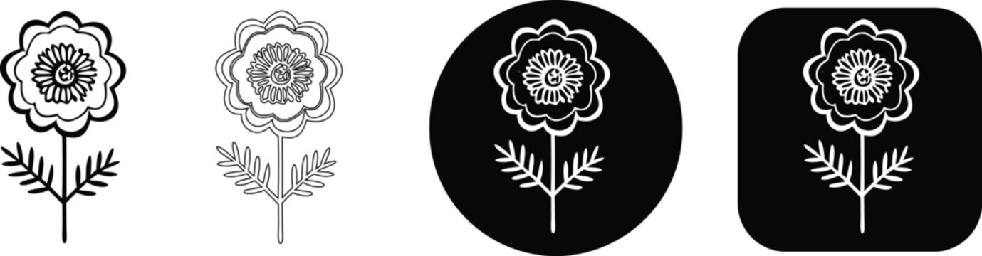 Set of Hand Drawn Marigold Flower Vector Icons in Detailed Black and White Silhouette and Outline Styles