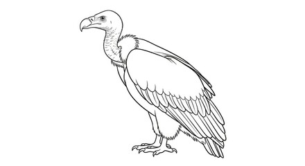 Fototapeta premium A vulture stands in profile against a white background. The bird is depicted in a detailed black and white line drawing.