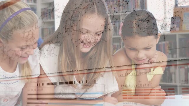Lead kid turning pages, guiding peers and starting story while scan lines overlaying group learning