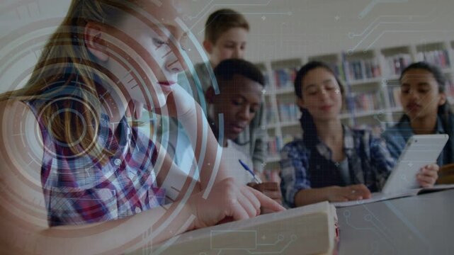 Child girl leaning over book, pointing and causing animated code HUD while peers writing for study