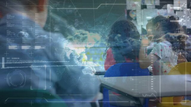 Two female pupils leaning in and whispering about classroom map while HUD overlay hovering above