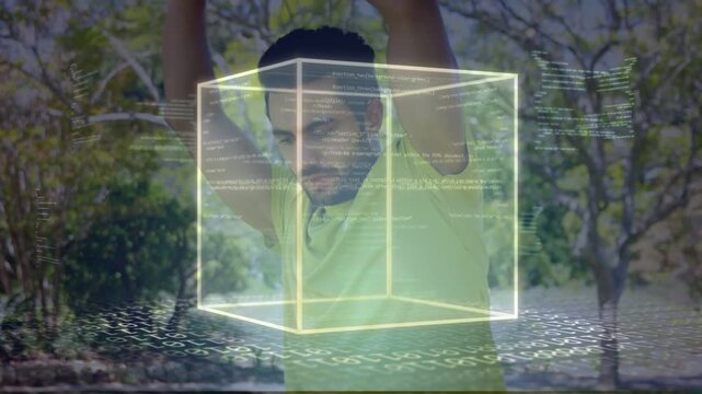 Man stretching arms in park and initiating AR tech demo, wireframe cube and code grid animating