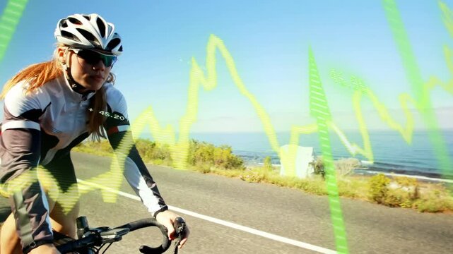 Female cyclist pedaling ocean road, camera closing in, waveform overlay showing cadence for fitness