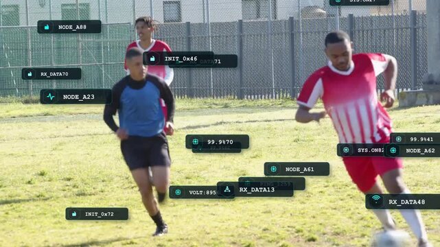 Opponent pressing creating turnover on ball, players breaking toward goal, sports UI tags anchored