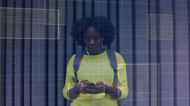 Student waking phone, scrolling to check education app alerts; faint tiles over phone front growing
