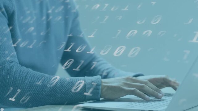 Adult male typing on laptop, pausing and pointing while analyzing data as binary overlay drifting
