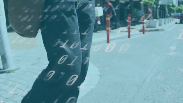 Man shifting stepping curb heading to tech fixing bag using phone holding cup binary overlaying him