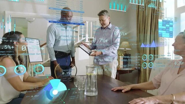 Business advisors presenting cert after handshake with AR charts tracking tablet, drawing claps