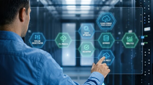 Professional data infrastructure and cloud pipeline development concept featuring a clean technical interface with abstract 3D flowcharts and digital integration nodes for modern enterprise systems