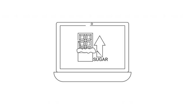 Laptop screen displays chocolate bar with upward arrow and sugar text.